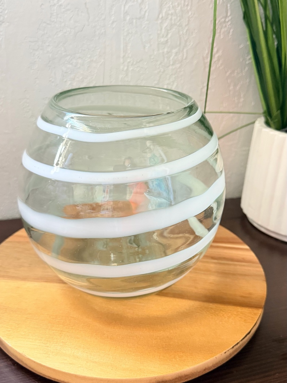 Clear Glass Sphere Vase with White Stripes - Home Accents Modern Boho Centerpiec